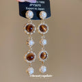 Brown Cabochon and Pearl Long Dangle Stud Earrings view 1