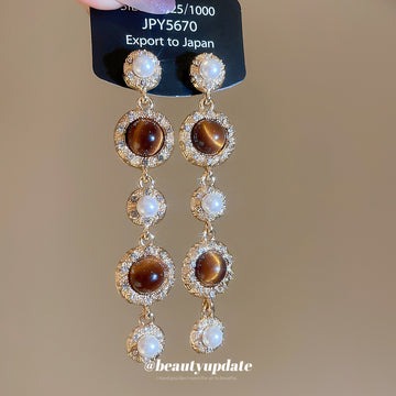 Brown Cabochon and Pearl Long Dangle Stud Earrings