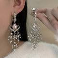 Pink Center Ornate Silver Tone Chandelier Stud Earrings view 6