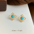Gold Filigree Four Petal Stud Earrings Turquoise Center Stone view 3