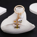 Yellow Honey Jar Bee Daisy and Faux Pearl Charm Keychain view 3
