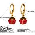 Red Enamel Ladybug Drop Hoop Earrings in Three Gold Tone Designs view 6