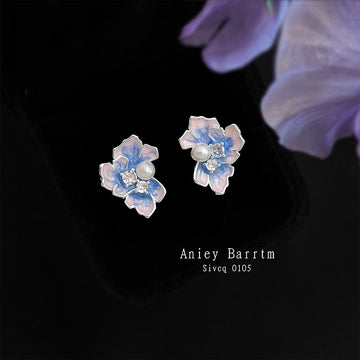 Silver Tone Blue Purple Iris Flower And Pearl Stud Earrings