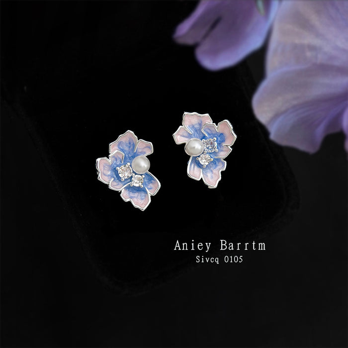 Silver Tone Blue Purple Iris Flower And Pearl Stud Earrings