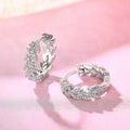 Silver Leaf Pave Clear Stone Small Huggie Hoop Earrings view 3