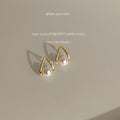 Gold Tone Open Teardrop Frame White Pearl Stud Earrings view 4