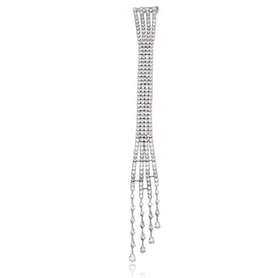Front product view of the five strand crystal shoulder tassel brooch pin in silver