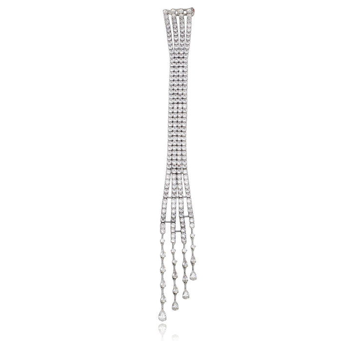 Silver Tone Five Strand Crystal Shoulder Tassel Tassel Metal Brooch Pin