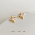 Gold Tone Textured Four Point Star Crystal Stud Earrings view 1