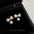 Cream Enamel Bow Stud Earrings Pink Heart Crystal Pearl view 3