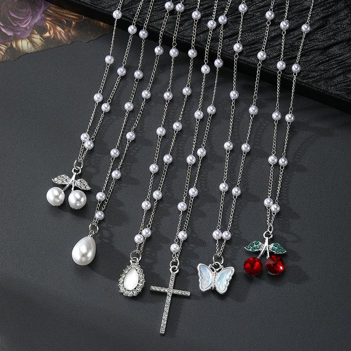 Silver Pearl Station Pendant Necklaces Six Charm Styles