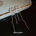 Silver Tone Crystal Crescent Pearl Chain Tassel Clip Earrings view 2
