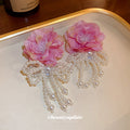 Fabric Rose and Pearl Loop Statement Earrings in Two Colors view 3