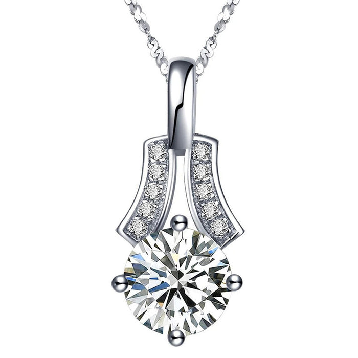 Silver Tone Flared Round Stone Pendant Necklace Polished Jewelry