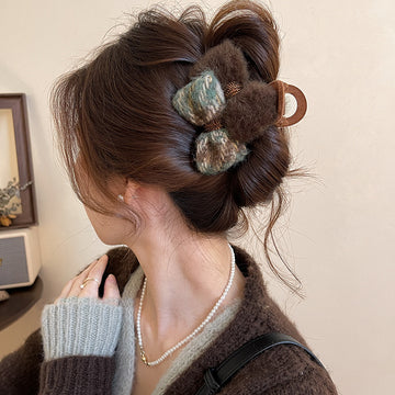 Brown Fuzzy Bow Hair Claw with Blue and Brown Patterned Loops