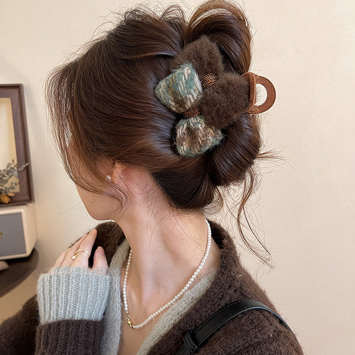 Brown Fuzzy Bow Petal Hair Claw With Blue And Brown Patterned Loops