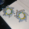 Radiant Baguette Crystal Round Stud Earrings with Polished Metal Tone Details view 6
