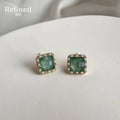Gold Tone Green Square Stone Pearl Like Border Stud Earrings view 4
