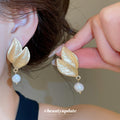 Textured Leaf Drop Earrings With White Faux Pearl Accents view 1