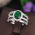 Green Oval Halo And Leaf-Vine Band Two-Ring Set In Three Tones view 2