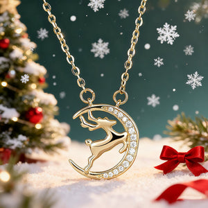 Moon Reindeer Crystal Pendant Necklace in Gold Tone