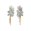 Iridescent White Flower Leaf and Pearl Tassel Stud Earrings view 5