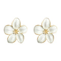 White Enamel Five Petal Flower Stud Earrings Gold Tone view 5