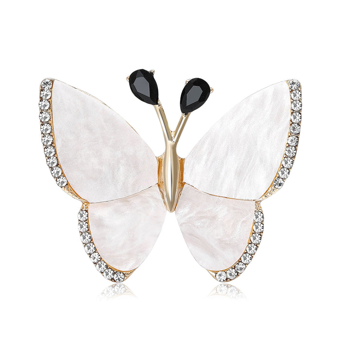 White Shell Butterfly Brooch Rhinestone Edge Black Antennae