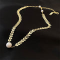 Gold Leaf Chain Pearl Center Choker Necklace Single Style view 4