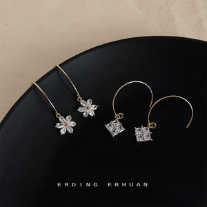 Gold Crystal Flower Charm French Hook Drop Earrings