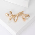 Teardrop Pearl Bow Brooch Rhinestone Center Silver Gold Tone view 4