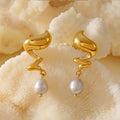 Spiral Wave Stainless Steel Pearl Drop Earrings Gold Steel view 2
