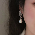Silver Tone Marquise Leaf Cluster Pearl Drop Earrings view 3