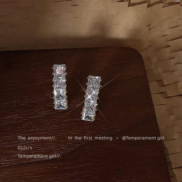 Gold Four Square Crystal Bar Stud Earrings Clear Stones
