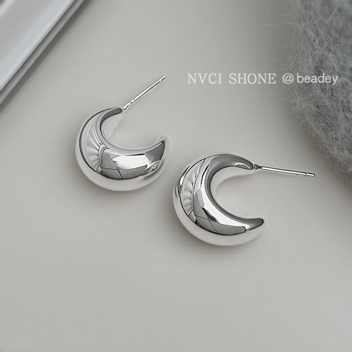 Silver Hollow Geometric Crescent Half-Hoop Stud Earrings