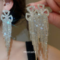 Crystal Bow Chain Fringe Drop Stud Earrings Fashion Jewelry view 1