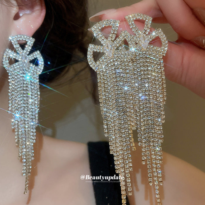 Crystal Bow Chain Fringe Drop Stud Earrings Fashion Jewelry