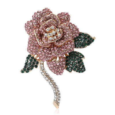 Front view of a dimensional rose with green leaves and a curved crystal stem
