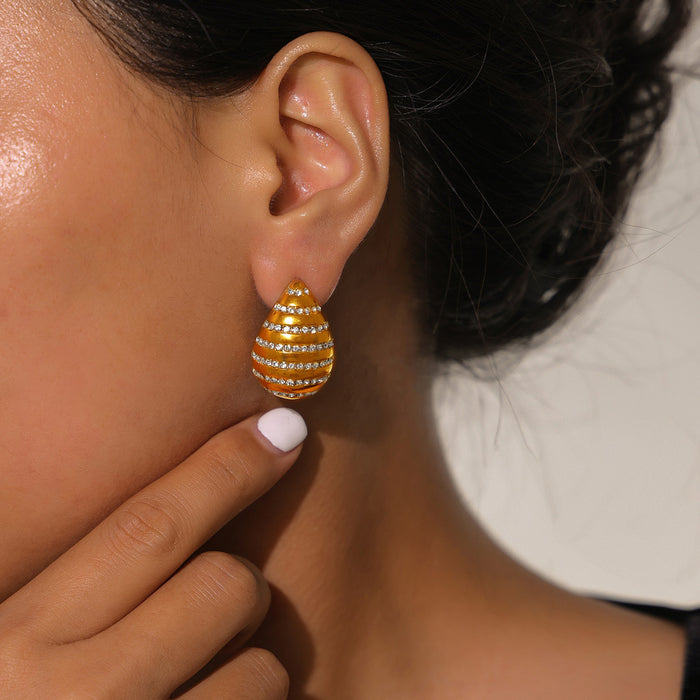 Teardrop Stud Earrings Crystal Side Line Ripple Smooth