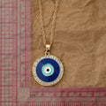 Gold Tone Crystal Halo Blue Evil Eye Pendant Necklace view 3