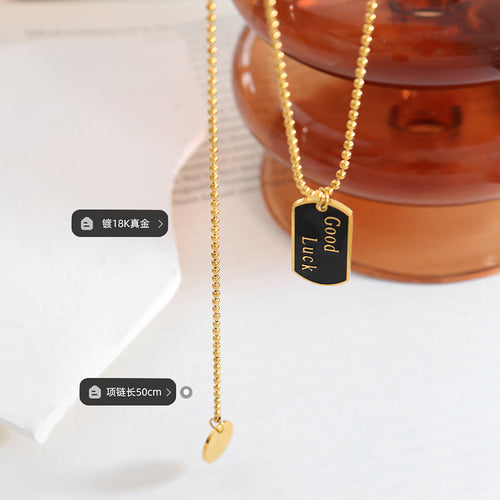 Good Luck enamel tag necklace flat with length and plating labels