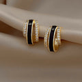 Gold Tone Black Enamel Clear Crystal Curved U Earrings view 2