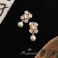 Gold Tone White Flower Cluster Drop Earrings Pearl Dangle view 3