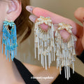Crystal Floral Chandelier Earrings With Blue Or Clear Fringe view 2