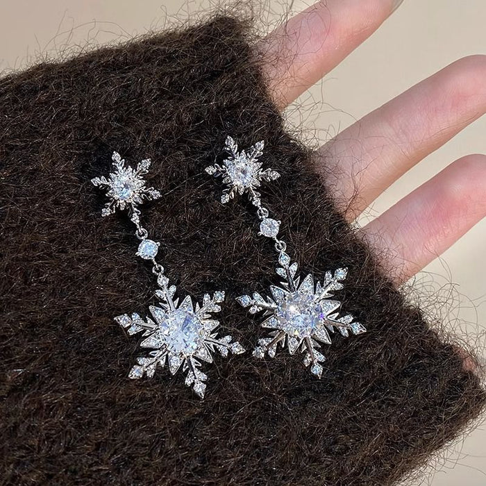 Silver Crystal Snowflake Drop Earrings with Double Starbursts