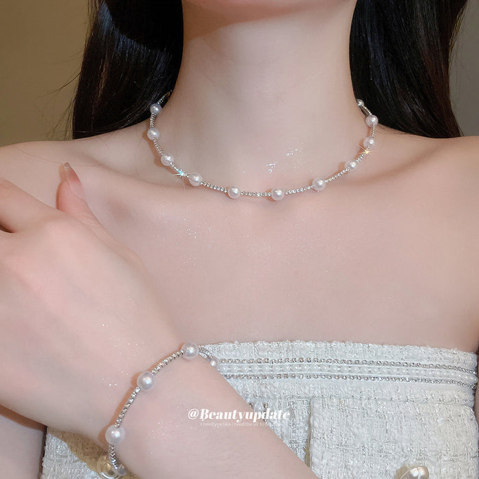 Silver Crystal Tennis Pearl Ball Choker Bracelet Studs