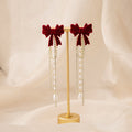 Burgundy Velvet Bow Drop Earrings Rhinestone Pearl Tassels view 4