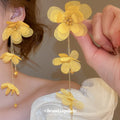 Fabric Flower Long Chain Drop Earrings in Five Colors view 4