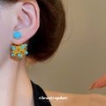 Blue Beaded Gold Tone Floral Cluster Stud Earrings view 3