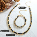 Black Leather Gold Chain Link Bracelet Necklace Mixed Metal Set view 2